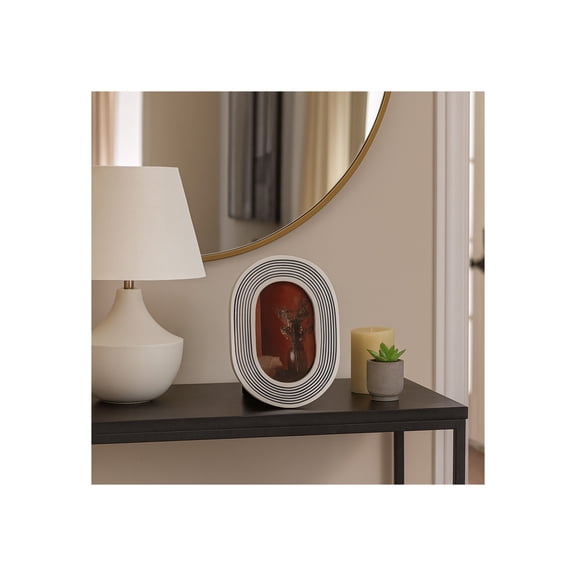 Decorative Oval Etched Lines Photo Frame - Contemporary Frame for Gallery Display and Living Room Accent - Stylish Picture Frame for Dorm, Console Table, and Home Decor - 9", Black & White