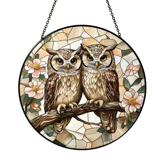 Decorative Owl Couple Floral Branch Stained Glass Style Suncatcher, Round Window Hanging