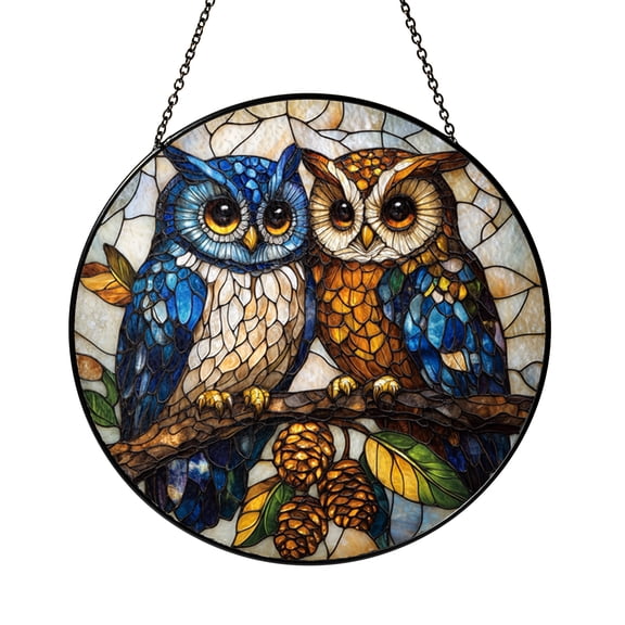 Decorative Owl Couple Window Hanging Stained Glass Style Suncatcher, Twin Owls Window Panel Art with Nature Theme Design, Romantic Window Decoration Gift