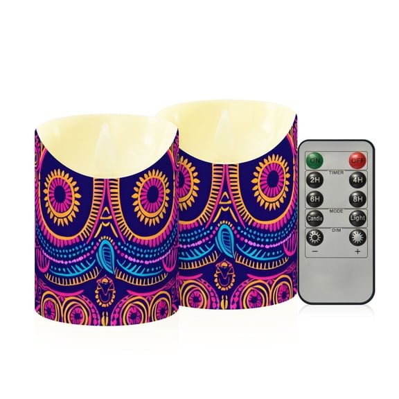Decorative Owl Design Neon Colors Flickering Flameless Candles with Remote Timer Battery Operated LED Tealight Set of 2 S