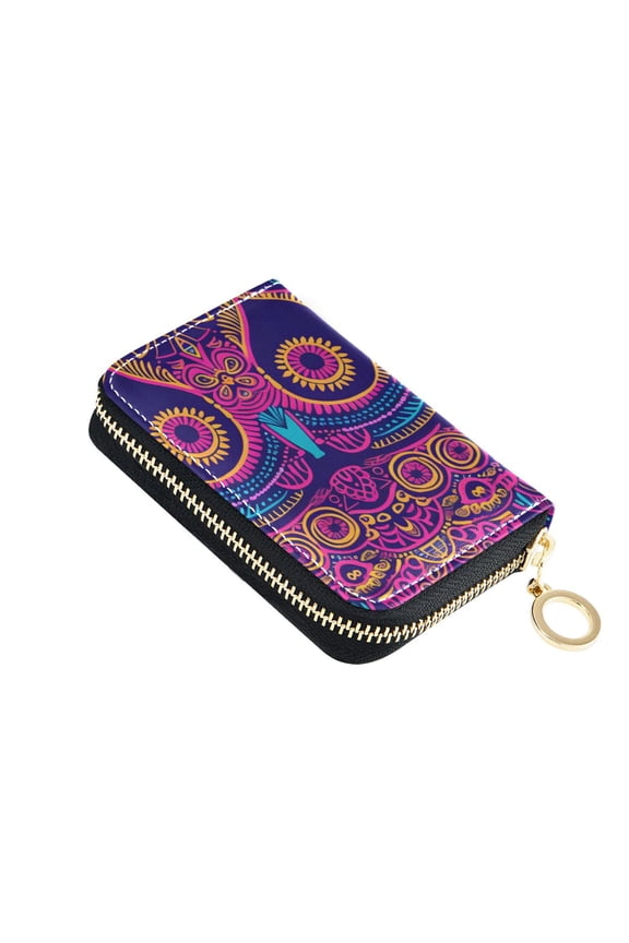 Decorative Owl Design Neon Colors Women's Credit Card Holder PU Leather Zipper Wallet RFID Blocking