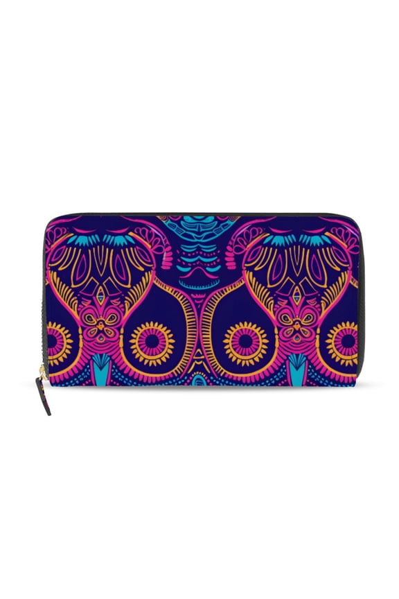 Decorative Owl Design Neon Colors Women's Long Zipper Wallet Bifold Clutch Purse PU Leather Card Cases