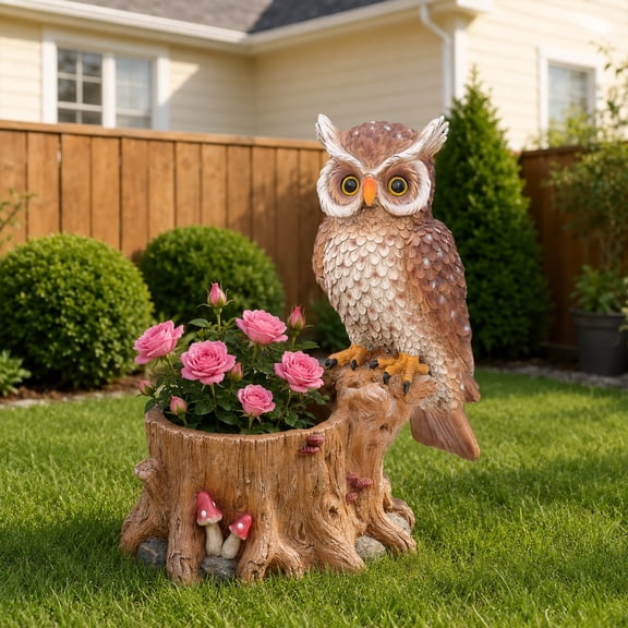 Decorative Owl Garden Planter Pot on Branch - Whimsical Polyresin Bird Figurine Flower Pot for Outdoor Porch & Yard Decor