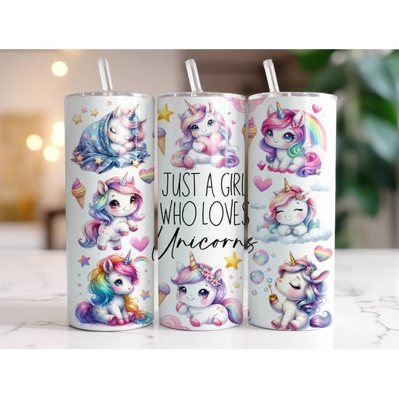 Decorative PNG image of a Unicorn mug for a slim 20oz cup, heat transfer printed, "Just A Girl Who Loves Unicorns"