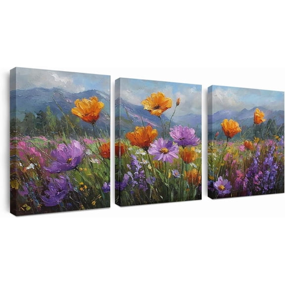 Decorative Painting Canvas Art,Vibrant Wildflower Field Triptych Canvas Art Set for Home Decor Living Room Bedroom and Ideal Gift for Weddings and Holidays(Only canvas)