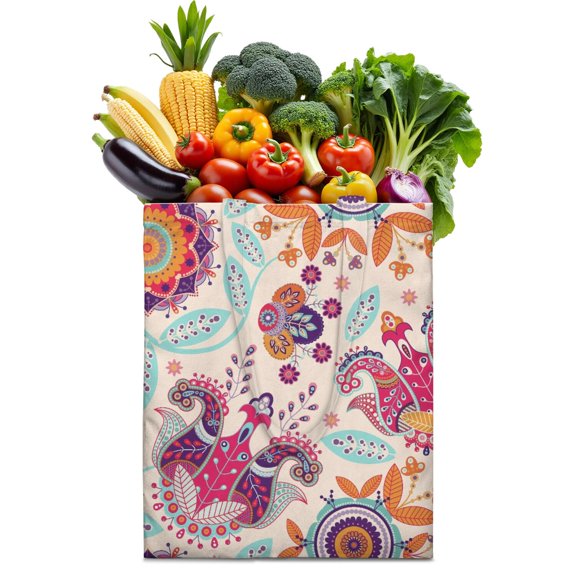 Decorative Paisley Design Reusable Tote Bag - Foldable Grocery Bag with Vintage Geometric Patterns, Large Capacity & Eco-Friendly