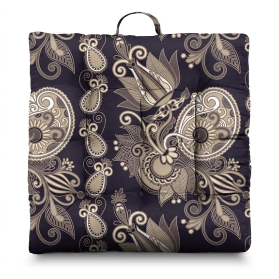 Decorative Paisley Print Cushion – 22x22 Inch Square Floor Pillow, Dutch Velvet, Boho Vintage Design for Yoga, Tatami & Lounge (Elegant)