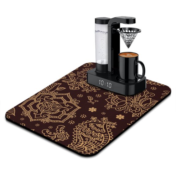 Decorative Paisley Print Dish Drying Mat, Vintage Mandala Inspired Absorbent Coffee Bar Mat, Elegant Floral Kitchen Counter Protector