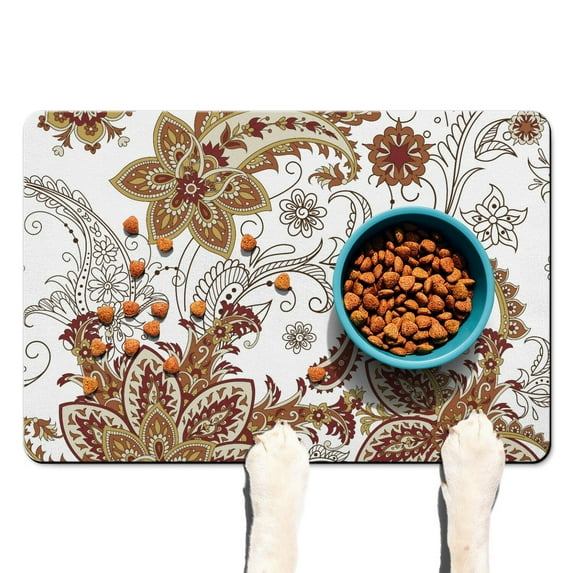 Decorative Paisley Print Dog Bowl Mat - Elegant Pet Food Mat with Vintage Floral Pattern, Multi-Layer Absorption