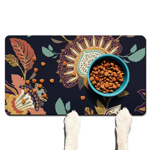 Decorative Paisley Print Pet Food Mat - Absorbent Dog Bowl Mat - Non-Slip Rubber Base - Vintage Tribal Design - Large Size for Bowls
