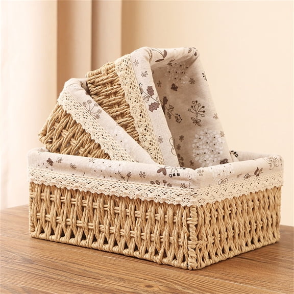 Decorative Paper Rope Storage Baskets [Set of 3] Hand-Woven Wicker Nesting Bins with Cotton Linen Floral Liner, Rectangular Pantry Tabletop Organizer Desktop woven floral storage basket 3-piece set