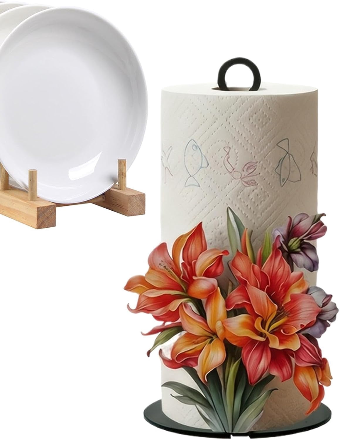 Decorative Paper Towel Holder Stand – 2D Floral Pattern Tissue Roll Rack for Home, Kitchen, Bathroom, Pantry, Garage, Restaurant, Cafe
