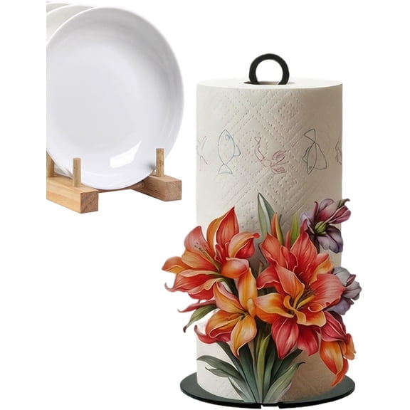 Decorative Paper Towel Holder with Flower Pattern – Freestanding Tissue Roll Rack for Home, Kitchen, Bathroom, or Office