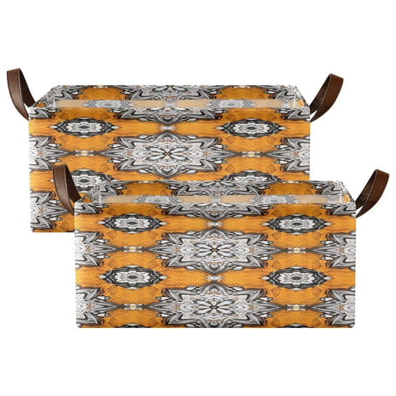Decorative Pattern Design Shelf Baskets Set of 2 Foldable Metal Frame Open Storage Bins 16.9x11.4x7.7in Large Capacity