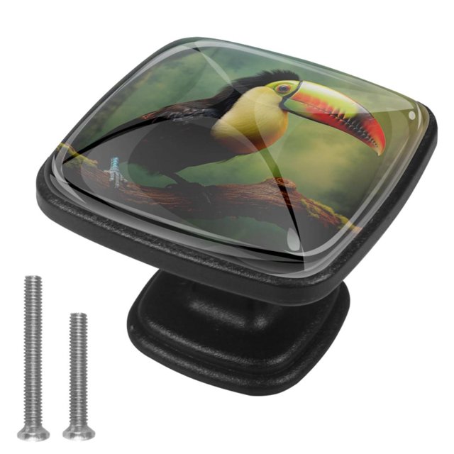 Decorative Patterned Black Knobs Set of 4, Rounded Square