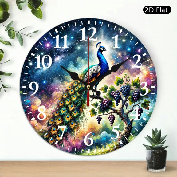 Decorative Peacock And Grape Vine Wall Clock, Galaxy Sky Print Round Wall Decor, 10x10 Inch, 1pc, Battery Not Included