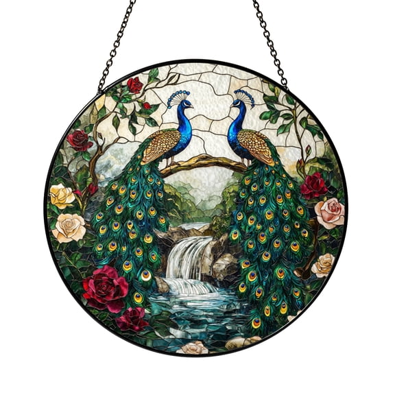 Decorative Peacock Glass Style Window Art – Woodland Stream Theme