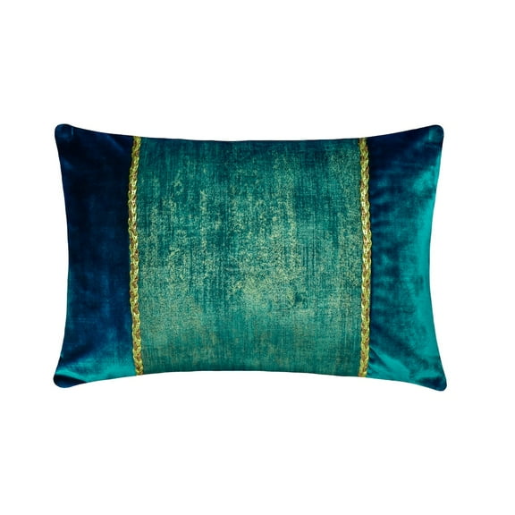 Decorative Peacock Green 12"x22" (30x55 cm) Lumbar Pillow Cover, Velvet Foil, Leather & Patchwork Oblong Pillow, Solid Color Pattern Modern Style - Resplendent Peacock