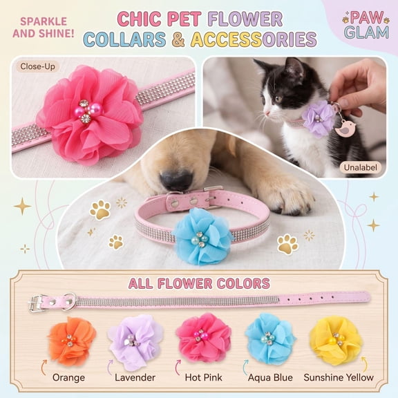 Decorative Pet Collar Kit, Dog Collars for Small Dogs, Rhinestone Trim, Extra Small Dog Collar, 15 Inch Light Pink Adjustable Strap with Silver Metal Buckle and 5 Interchangeable