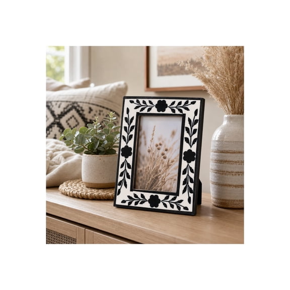 Decorative Photo Frame with Petal Boarder Pattern for Home Decor - Picture Frame for Living Room, Bedroom, and Console Table Accent - 9", Black & White