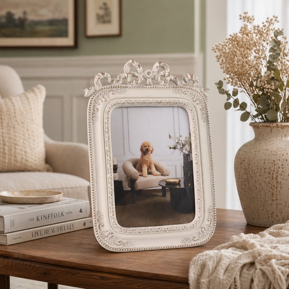 Sagebrook Home Vintage-Inspired Photo Frame with Bow Accent for Home - Picture Frame for Living Room, Console Table and Bedroom - 11", Ivory