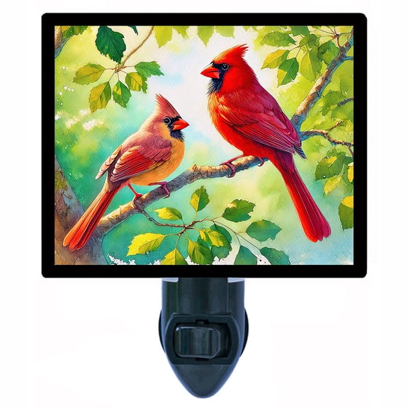 Cardinal Pair Night Light  Male and Female Red Birds on Branch Spring Nature Dcor with Free Switchable Insert
