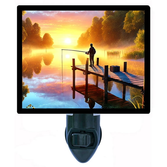 First Cast Night Light  Peaceful Fisherman at Sunrise Lake Dock Scene Outdoor Nature Dcor with Free Switchable Insert