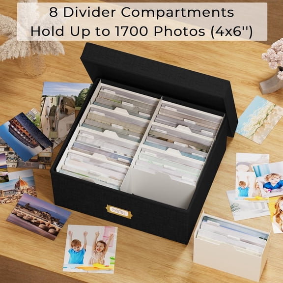 Decorative Photo Storage Box - 2 Pack Linen Photo Box Organizer with Dividers, Fits Holds Up to 1700 Pictures and 4x6 Photos, Memory Keepsake Organizer for Scrapbook Supplies, Cards, Stamps (Black)