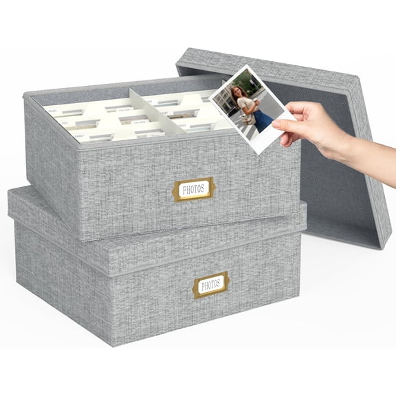 Decorative Photo Storage Box 2 Pack Linen with Dividers Fits 4x6 Photos Holds Up to 1700 Grey