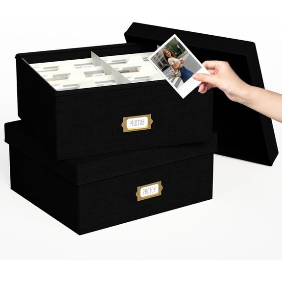 Decorative Photo Storage Box 2 Pack Linen with Dividers Fits 4x6 Photos Holds Up to 1700 Pictures Memory Keepsake Organizer Black