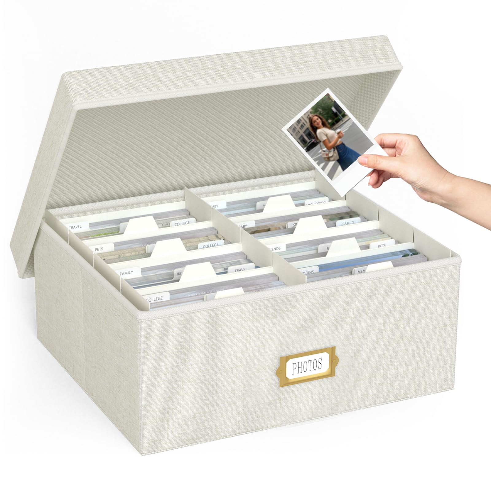 Decorative Photo Storage Box - Linen Organizer With Dividers  Fits Holds Up To 1700 Pictures And 4x6 Photos Memory Keepsake For Scrapbook Supplies Cards (beige)