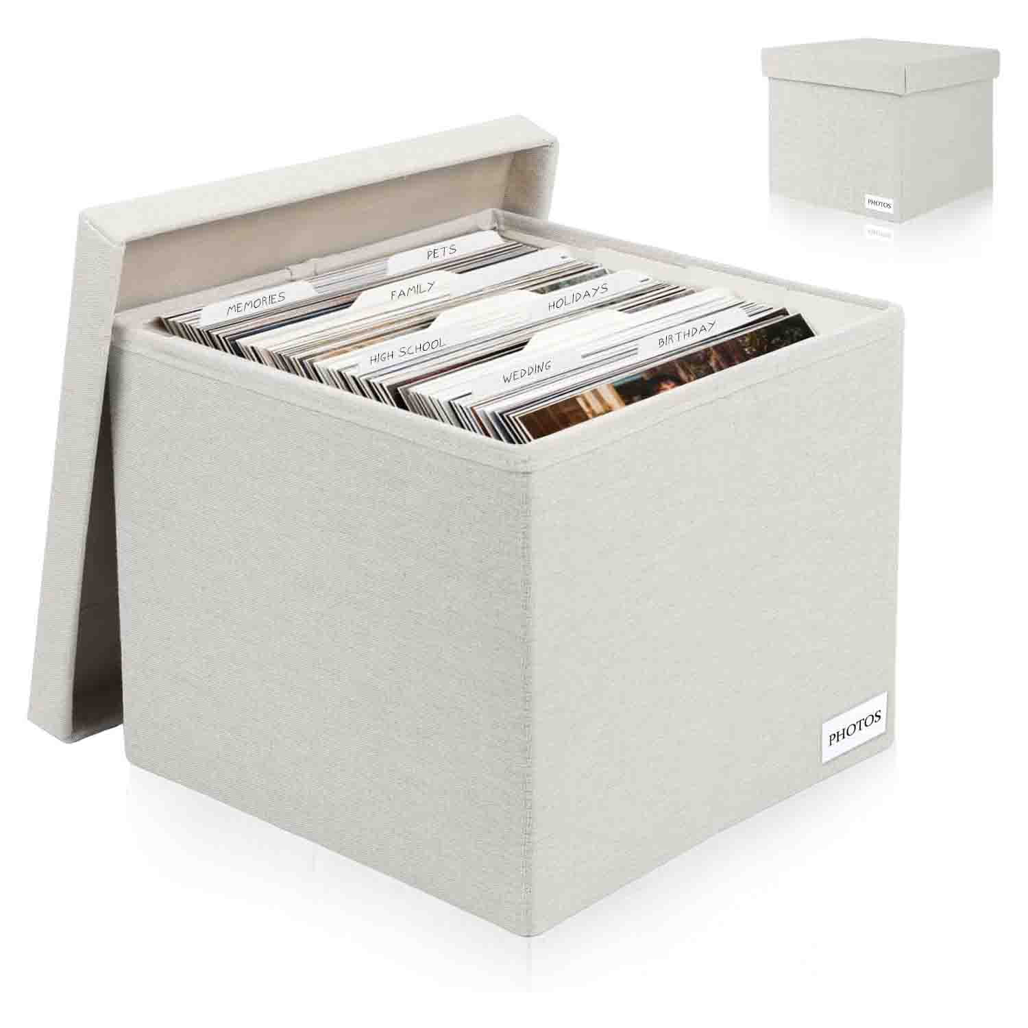 Decorative Photo Storage Box - Linen Photo Box Organizers with Dividers, Portable Scrapbook Storage Containers with Lid (Beige)