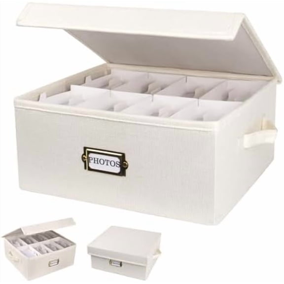 Decorative Photo Storage Box Photo Box Linen Photo Boxes Storage with Dividers, Perfect to Holds Up to 1700 Pictures and 4x6 Photos, Memory Keepsake Organizer for Scrapbook Supplies, Cards