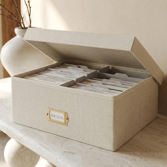 Decorative Photo Storage Box - Sturdy Linen Photo Organizer with Dividers is Perfect to Store Up to 1700 Pictures and 4x6 Photos - Portable Scrapbook Storage Containers with Lid