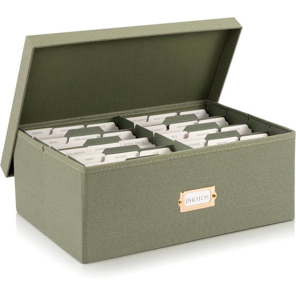 Decorative Photo Storage Box with Dividers for 1700 Photos 5x7 Size Sage Color