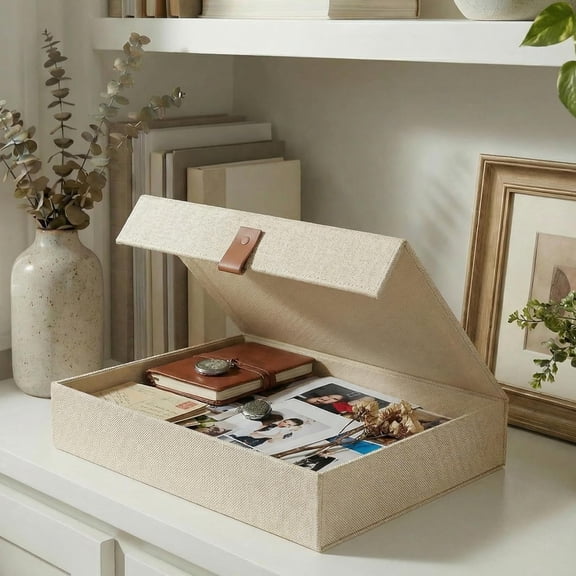 Decorative Photo Storage Box with Lid - Beautiful Linen Organizer