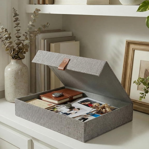 Decorative Photo Storage Box with Lid - Beautiful Linen Organizer