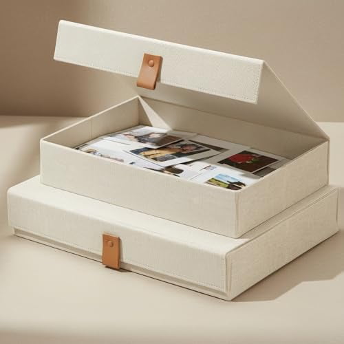 Decorative Photo Storage Boxes with Lids - Set of 2 Beautiful Linen Organizers Are Perfect to Safely Store Your Pictures, Documents, Scrapbooking Supplies, Keepsakes and Other Memories in Style