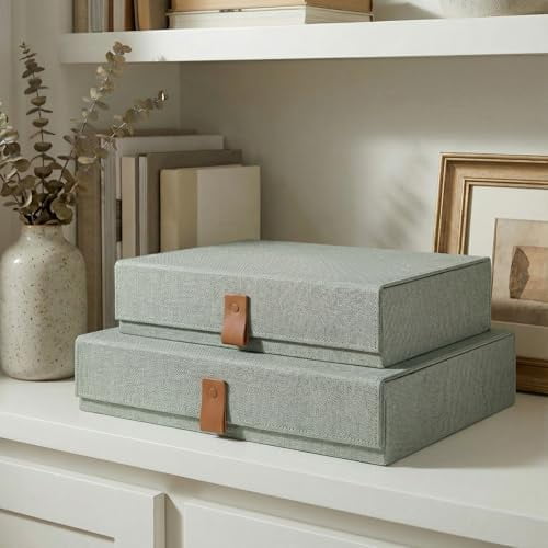 Decorative Photo Storage Boxes with Lids - Set of 2 Beautiful Linen Organizers Are Perfect to Safely Store Your Pictures, Documents, Scrapbooking Supplies, Keepsakes and Other Memories in Style