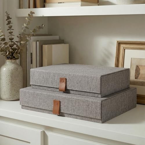 Decorative Photo Storage Boxes with Lids - Set of 2 Beautiful Linen Organizers Are Perfect to Safely Store Your Pictures, Documents, Scrapbooking Supplies, Keepsakes and Other Memories in Style