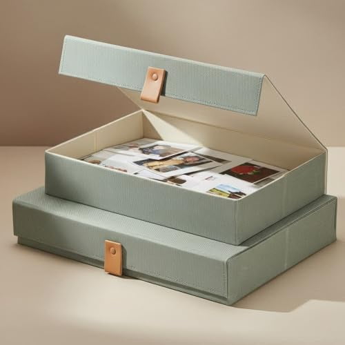 Decorative Photo Storage Boxes with Lids - Set of 2 Beautiful Linen Organizers Are Perfect to Safely Store Your Pictures, Documents, Scrapbooking Supplies, Keepsakes and Other Memories in Style