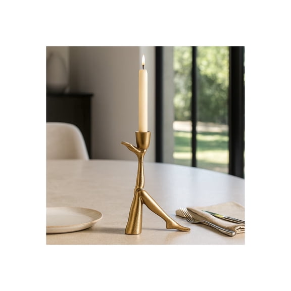 Decorative Pillar Candle Holder for Table Decor – Metal Candlestick Holder with Sculptural Figurative Legs for Taper – Pair With Glass Candle Holder Centerpieces for Tables or Entryways – 9" Gold