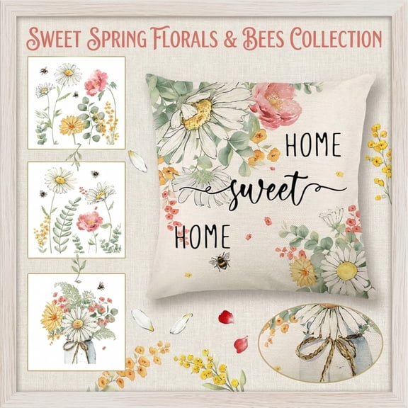 Decorative Pillow, 18X18 Pillow Cover Spring, Spring Home Decor Indoor, Floral Pillow Covers 18X18, Soft Linen Blend Fabric Pillow Case Cover with Hidden Zipper for Easy Removal