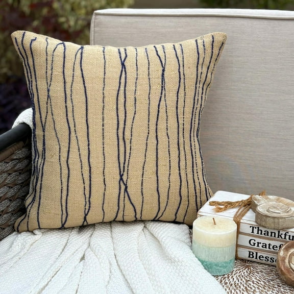 Decorative Pillow Case Covers With Zipper, Decorative Blue Cushion Cover&nbsp;Home Decor 16x16 inch (40x40 cm), Burlap Pillow Cover&nbsp;For Sofa, Striped, Contemporary Zippered - Sea King