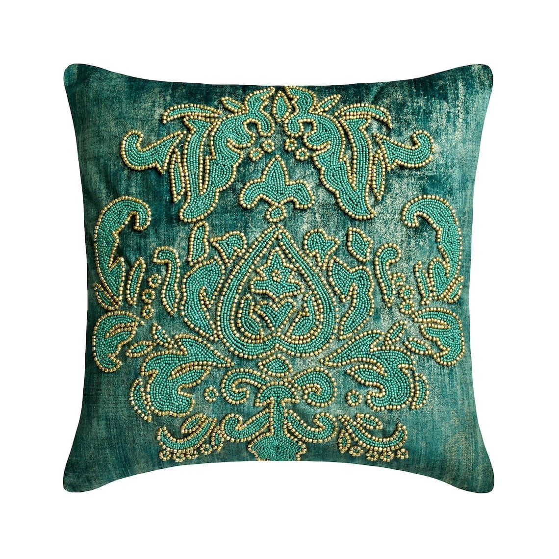 Decorative Pillow Case Covers With Zipper, Teal 20"x20" (50x50 cm) Pillow Covers, Suede Damask Beaded & Embroidered Throw Pillows For Sofa, Abstract Pattern Modern - Aureate Teal