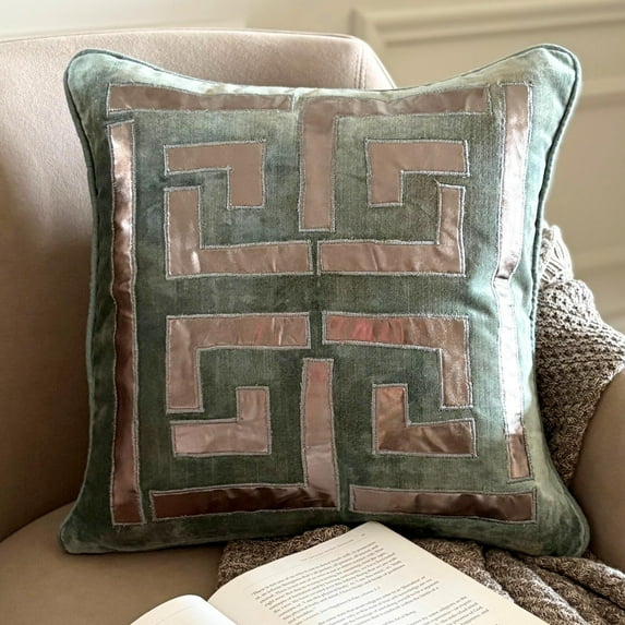 Decorative Pillow Case Covers With Zipper, Teal Blue 18"x18" (45x45 cm) Zippered Pillow Covers, Velvet Greek & Applique & Foil Pillow Covers, Geometric Pattern, Modern - Teal Athena