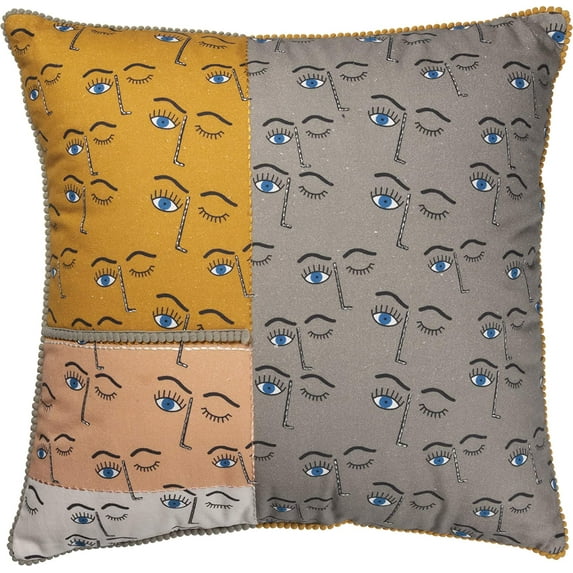 Decorative Pillow - Color Blocked Winking Eye Design with Mini Pom Trim by Kathy