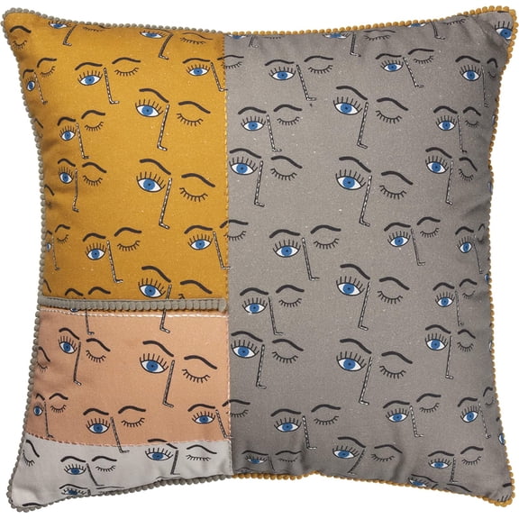 Decorative Pillow - Color Blocked Winking Eye Design with Mini Pom Trim by Kathy