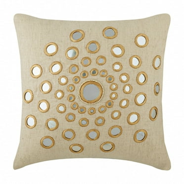 Decorative Pillow Cover, Decorative Beige Pillow Covers 16x16 inch (40x40 cm), Linen Throw Pillows For Couch, Circles & Dots, Mirror Embroidery, Contemporary Zippered - Circle Of Life