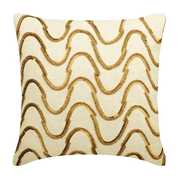 Decorative Pillow Cover, Decorative Beige 22"x22" (55x55 cm) Pillow Covers, Linen Beaded, Waves & Sequins Throw Pillow Covers, Abstract Pattern Modern Style - Waving Gold